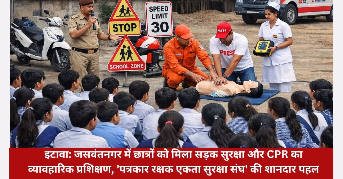 इटावा: जसवंतनगर में छात्रों को मिला सड़क सुरक्षा और CPR का व्यावहारिक प्रशिक्षण, 'पत्रकार रक्षक एकता सुरक्षा संघ' की शानदार पहल